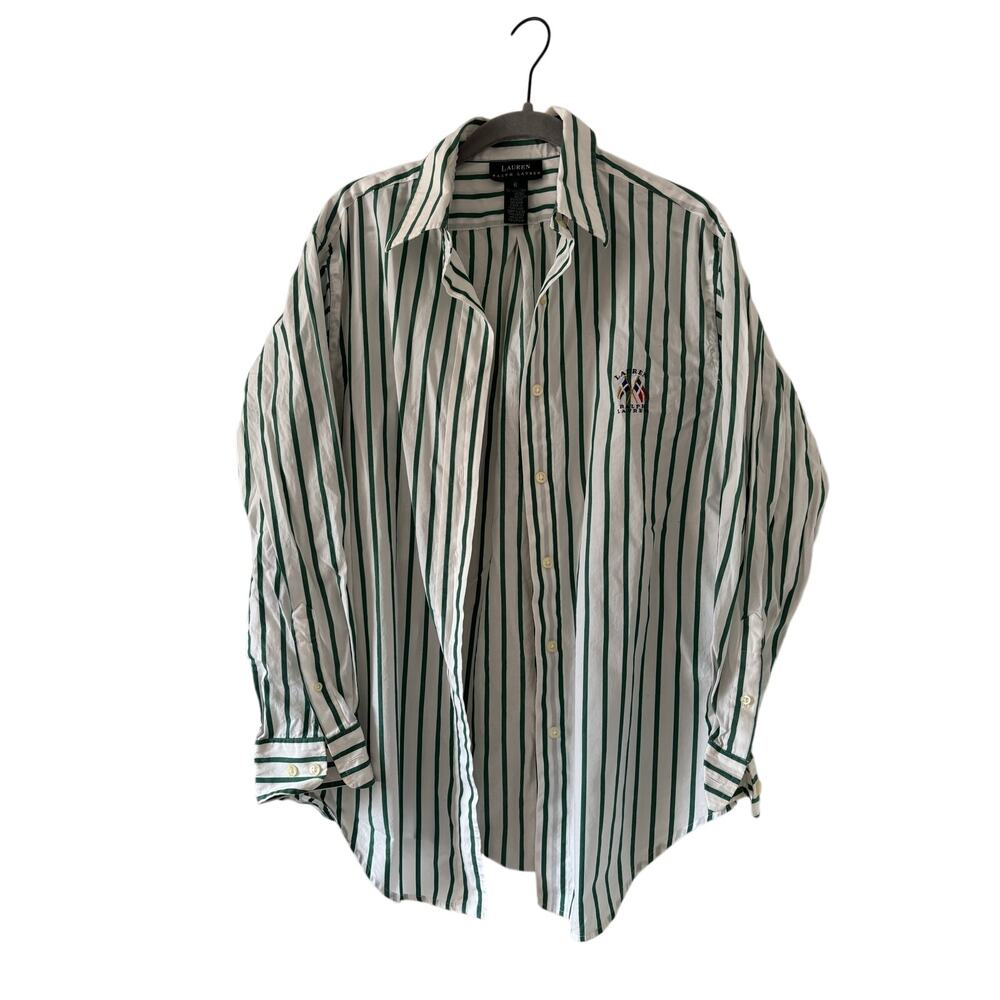 Lauren Ralph Lauren Striped Button Up Shirt Green White Cotton Women’s 6 - Picture 3 of 8